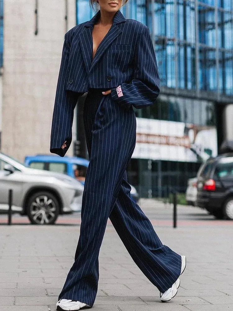 UAKISS  -  Women's Pant Suits 2024 New Fashion Street Ladies Office Work Formal Long Sleeve Striped Blazer & Straight Leg Pants Suit