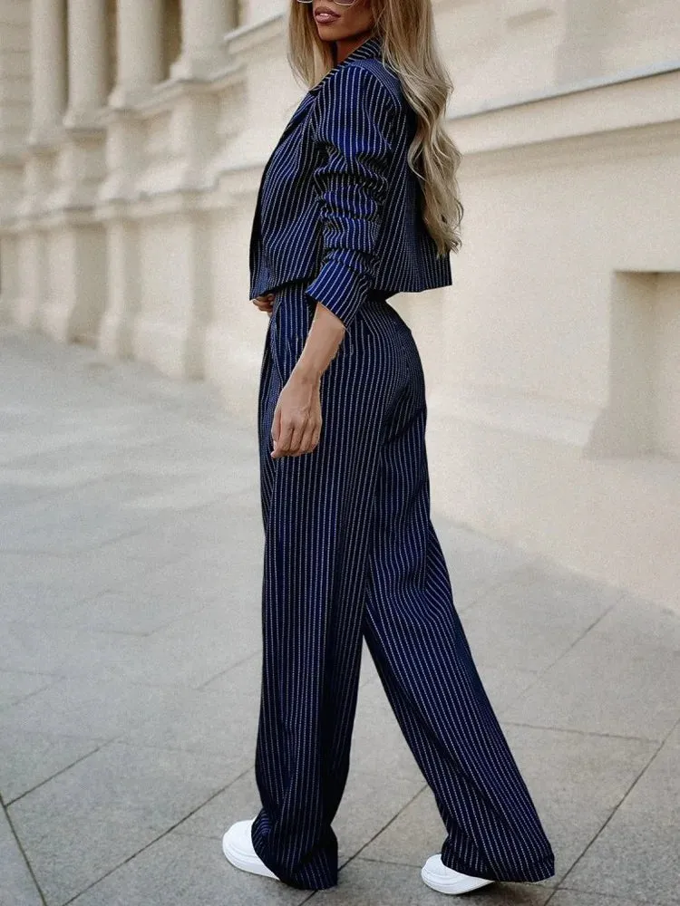 UAKISS  -  Women's Pant Suits 2024 New Fashion Street Ladies Office Work Formal Long Sleeve Striped Blazer & Straight Leg Pants Suit