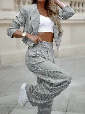 UAKISS  -  Women's Pant Suits 2024 New Fashion Street Ladies Office Work Formal Long Sleeve Striped Blazer & Straight Leg Pants Suit