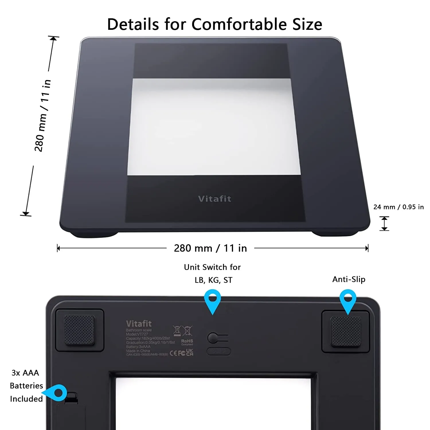 Vitafit Digital Body Weight Bathroom Scale, Dedicating to High Precision Technology for Weighing over 20 Years, Crystal Clear LED and Step-On, Batteries Included, 400Lb/180Kg, Black